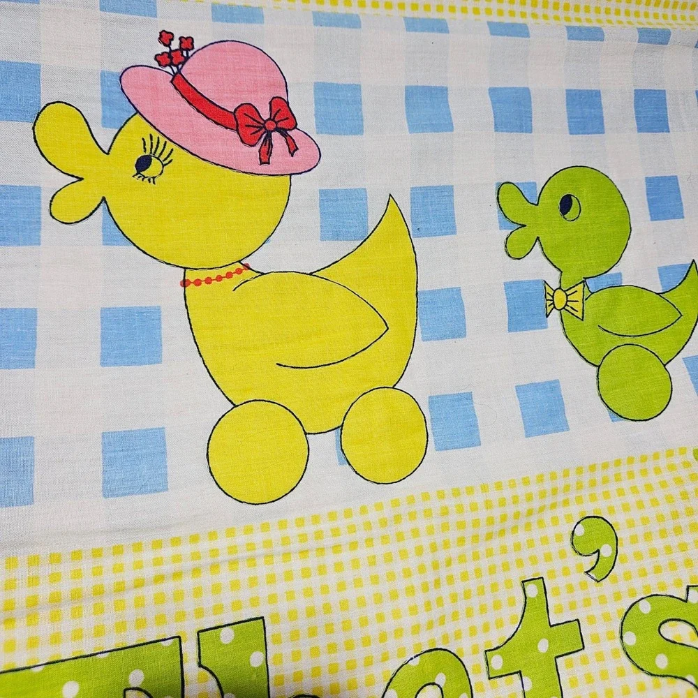 Vintage Thats Our Baby‎ Quilt Blanket Gingham Animal Patchwork Yellow Blue Retro